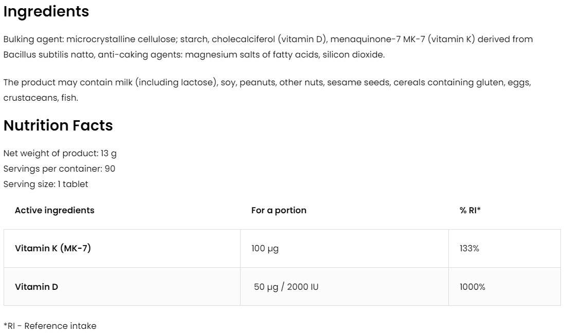 Vitamin D3 + K2 – 90 tabletten, 2000 IE D3 & 100 µg K2 (MK‑7) | OstroVit