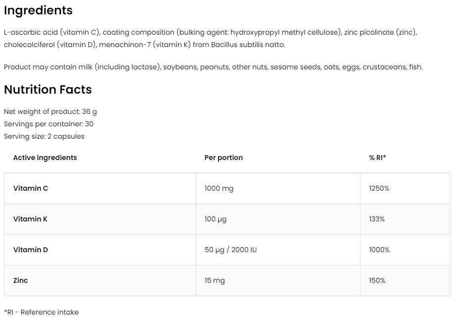Vitaminen Complex | D3 | K2 (MK-7) | C | Zink | 60 Capsules | OstroVit