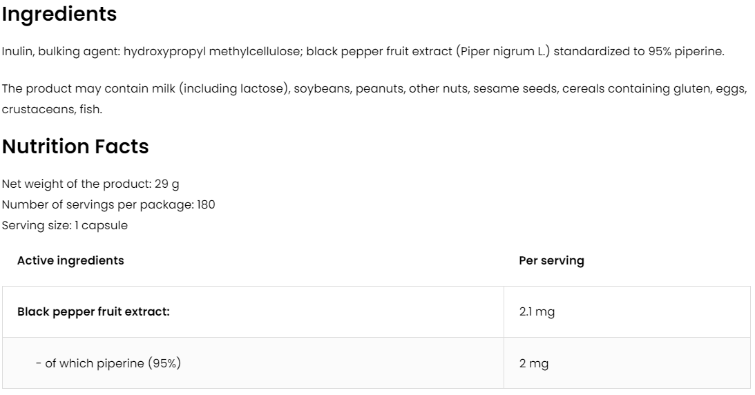 Piperine 95 VEGE – 180 vegan capsules, 95% piperine (2 mg per capsule) | OstroVit