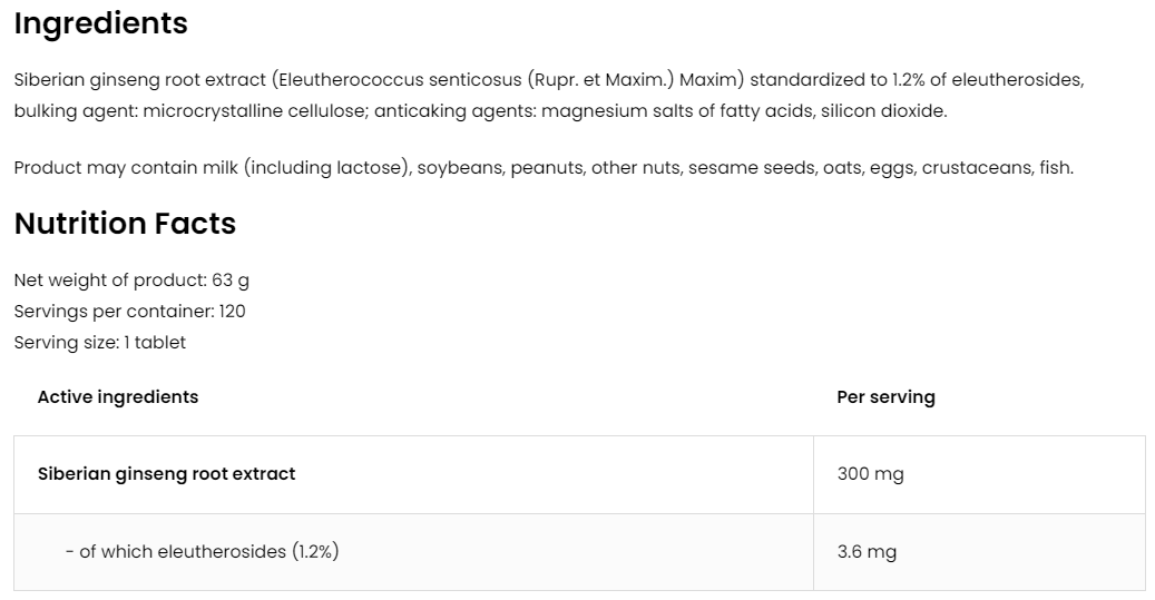 Siberian Ginseng VEGE – 120 tabletten, 300 mg (1,2% eleutherosiden) | OstroVit