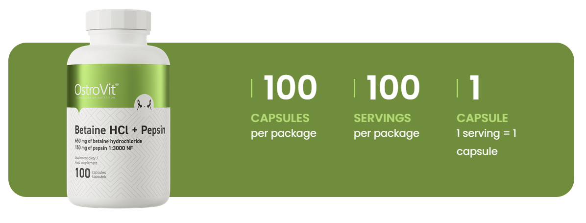 Betaine HCl + Pepsin – 100 capsules, 650 mg betaine HCl + 150 mg pepsine | OstroVit