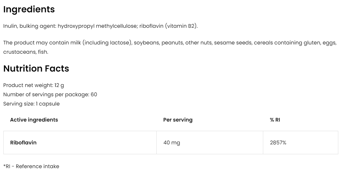 Vitamin B2 Riboflavine – 60 vegan capsules, 40 mg per capsule | OstroVit