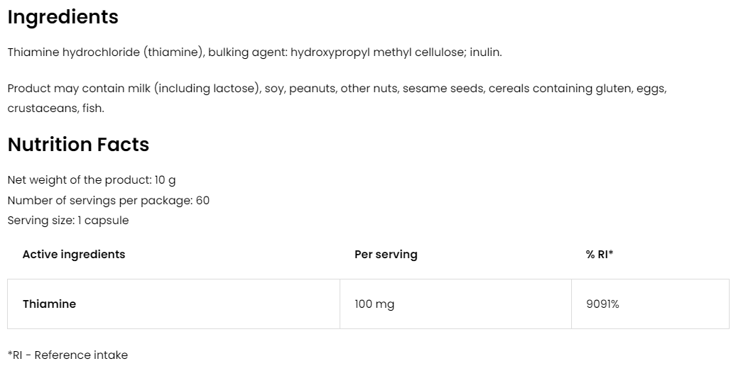 Vitamin B1 Thiamine – 60 vegan capsules, 100 mg | OstroVit