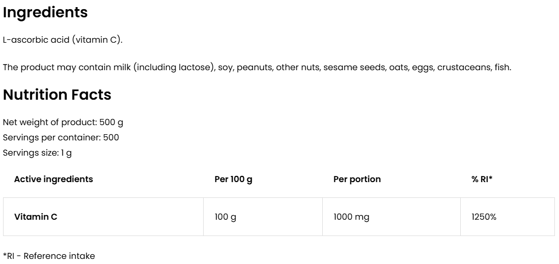 Vitamin C – 500 g poeder, 1000 mg per portie | OstroVit