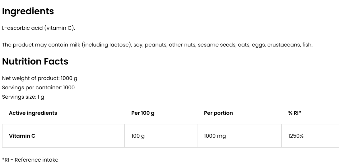 Vitamin C – 1000 g poeder, 1000 mg per portie | OstroVit