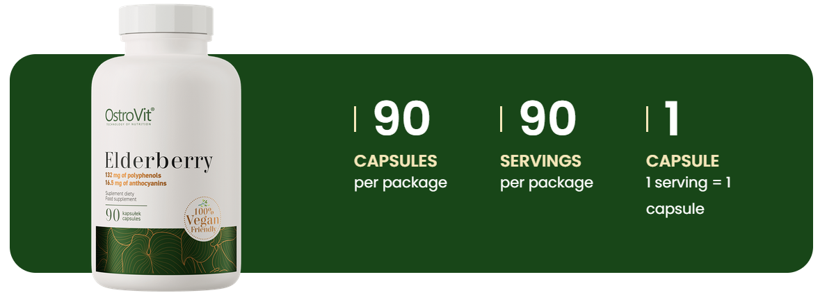 Elderberry VEGE – 90 vegan capsules, 330 mg vlierbessen‑extract (40% polyfenolen, 5% anthocyaninen) | OstroVit