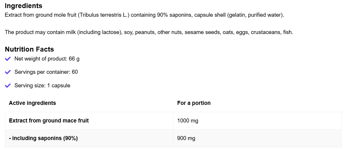 Tribulus Terrestris Supreme – 1000 mg (90% saponinen), 60 Capsules | OstroVit