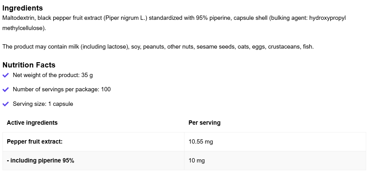 Piperine | Vegan | 100 Vegetarische capsules | 95% Piperine | OstroVit
