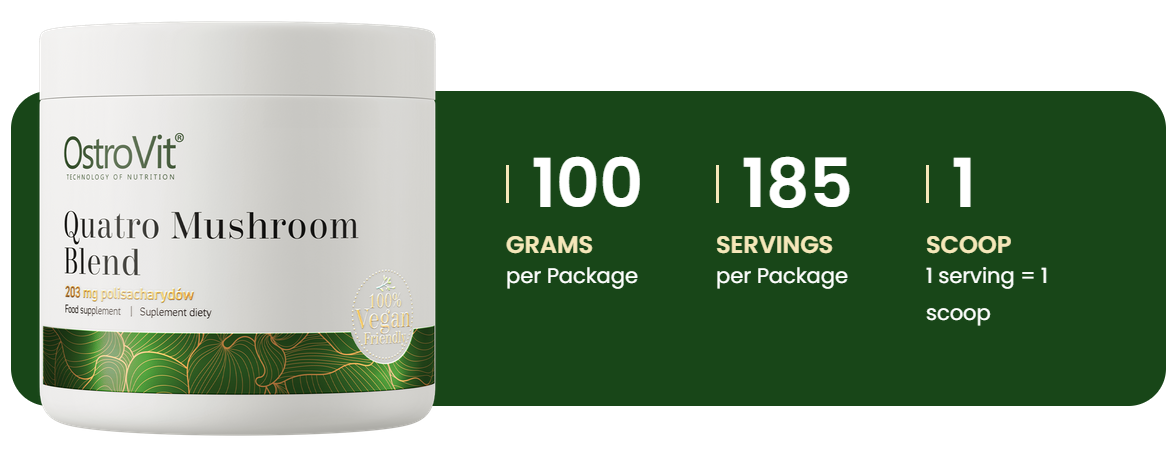 Quatro Mushroom Blend | LION'S MANE, REISHI, CORDYCEPS & CHAGA EXTRACT | 185 SERVINGS | 100 g | Vegan | OstroVit