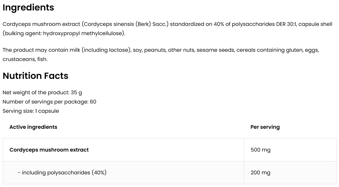 Cordyceps | 60 VEGE Capsules | 40% Polysacchariden | 500 mg | OstroVit