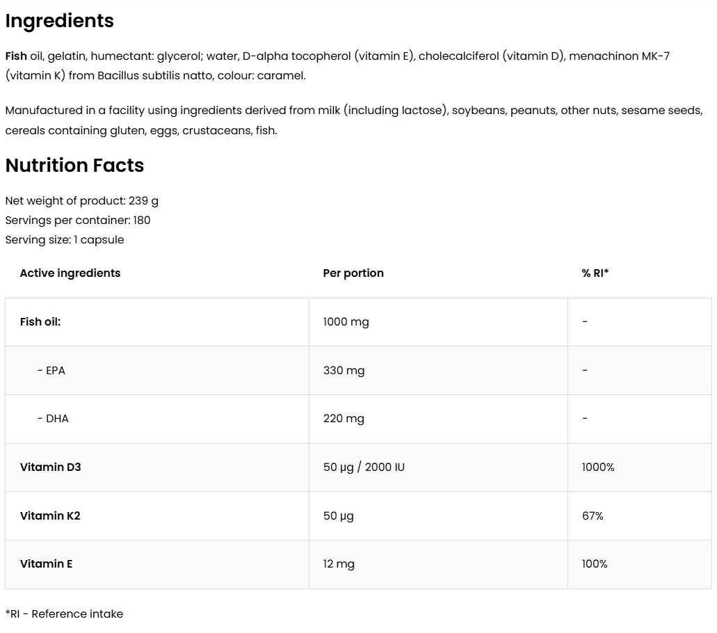 Omega‑3 + D3 (2000 IE) + K2 (MK‑7) + E – 180 softgels | OstroVit