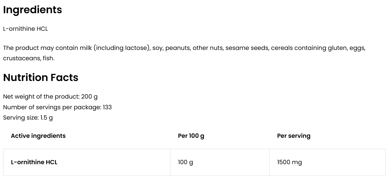 Ornithine | L-Ornithine | Poeder | 200 g | 133 Servings | Supreme Pure Natural | OstroVit