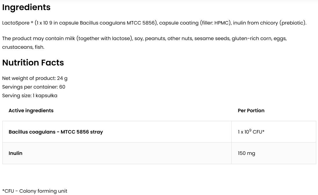 PRO‑60 BIOTIC LactoSpore® – 60 vegan capsules, Bacillus coagulans MTCC 5856 + inuline | OstroVit Pharma