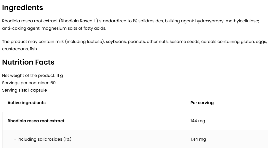 Rhodiola rosea VEGE – 60 vegan capsules, Gestandaardiseerd (1% salidrosiden) | OstroVit