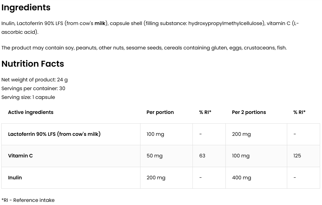 Lactoferrin LFS 90% – 60 capsules, Met vitamine C | OstroVit Pharma