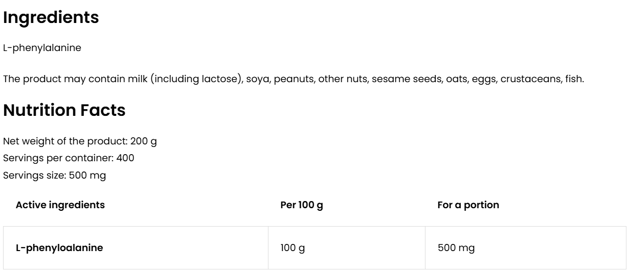 Phenylalanine 200 g – 100% L‑fenylalanine poeder, 400 porties | OstroVit
