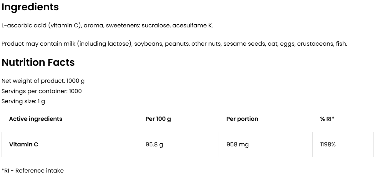 Vitamine C | Poeder | 1000 g | Citroen 🍋 | OstroVit