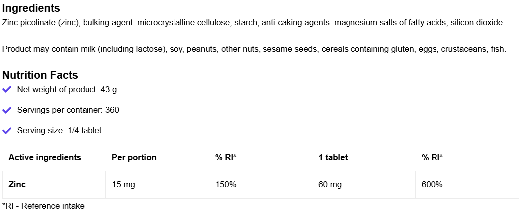 Zinc 60.000 – 90 tabletten, Zinkpicolinaat 60 mg (¼ tab = 15 mg) | OstroVit