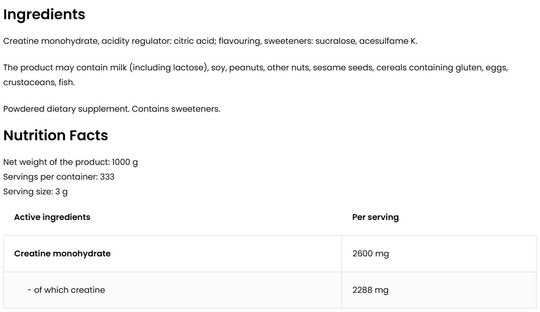 Creatine Monohydrate – 1000 g, Lemon, 333 porties | OstroVit