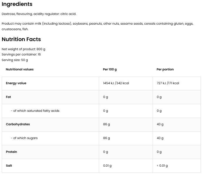 Dextrose – 800 g, Citroen, 43 g carbs per portie | OstroVit