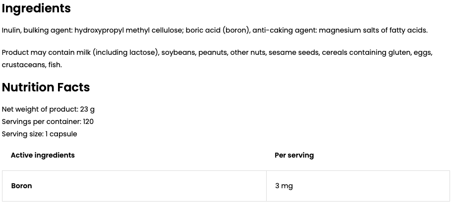 Boric Acid VEGE – 120 vegan capsules, 3 mg boor per capsule | OstroVit