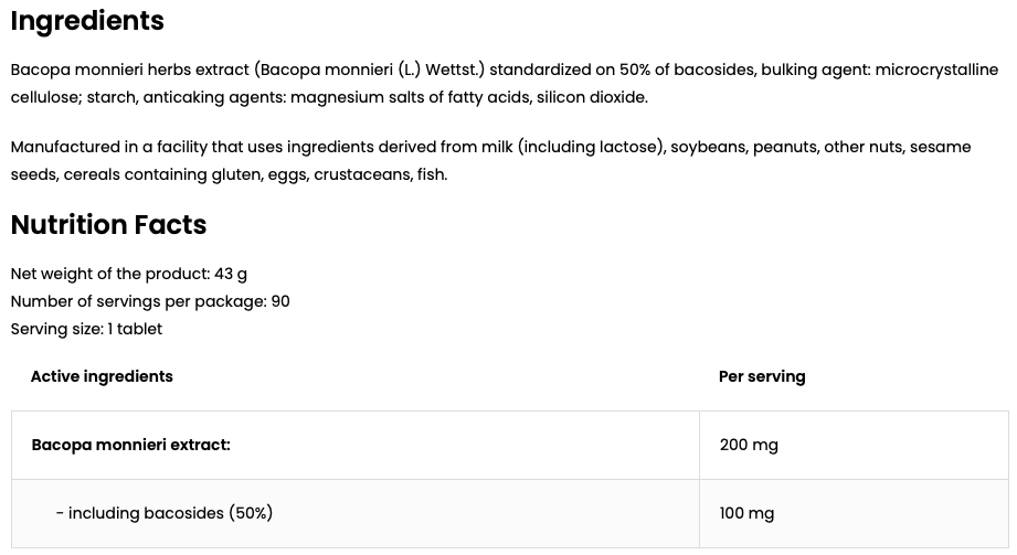 Bacopa Monnieri VEGE – 90 vegan tabletten, 200 mg (50% bacosiden) | OstroVit