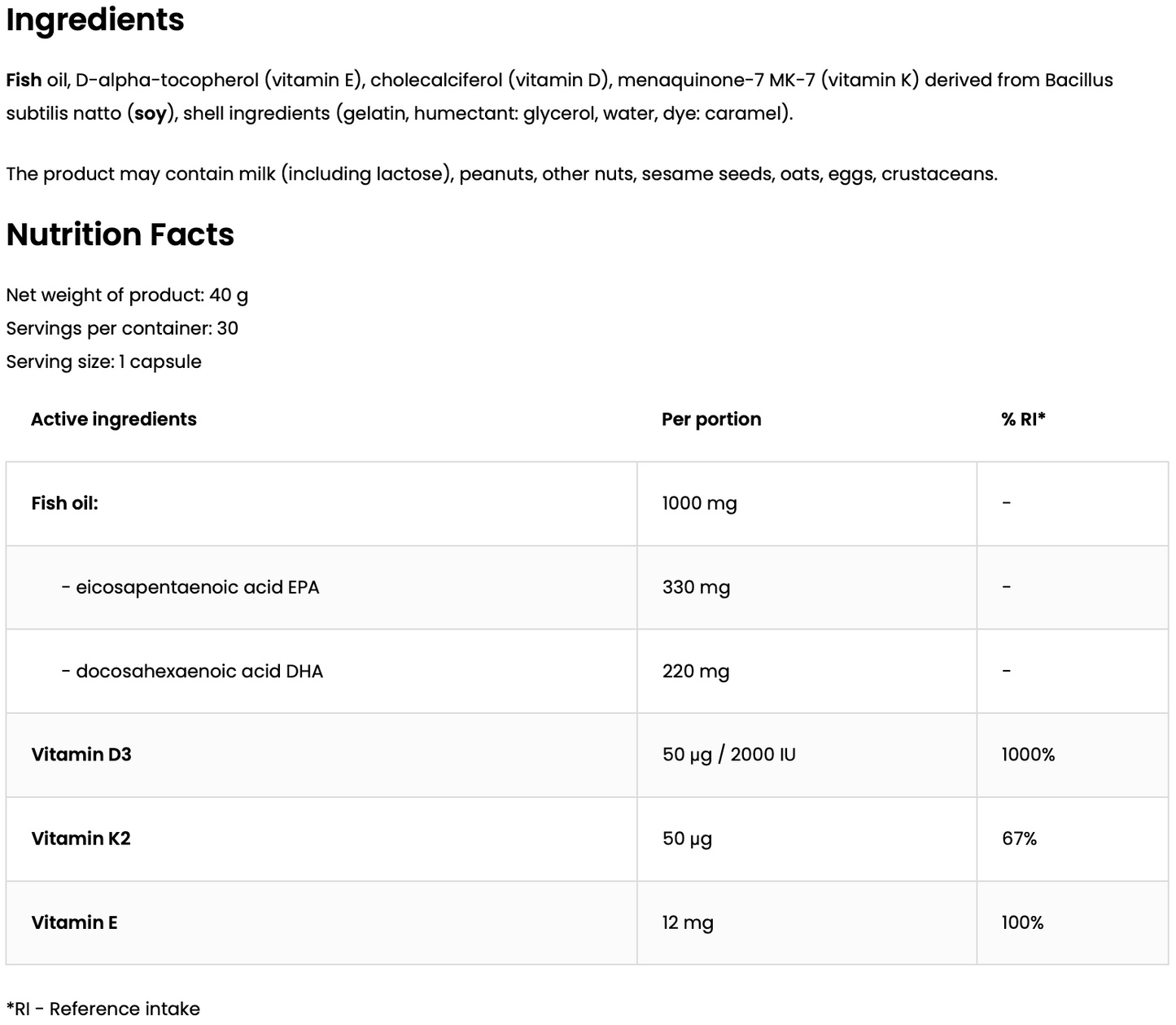 Elite Omega‑3 D3+K2 – 30 softgels, 1000 mg visolie + D3 2000 IE + K2 MK‑7 | OstroVit Pharma