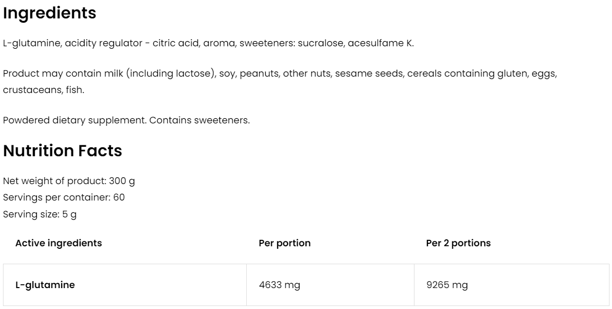 Glutamine – 300 g, Citroen, 4.633 mg per portie | OstroVit