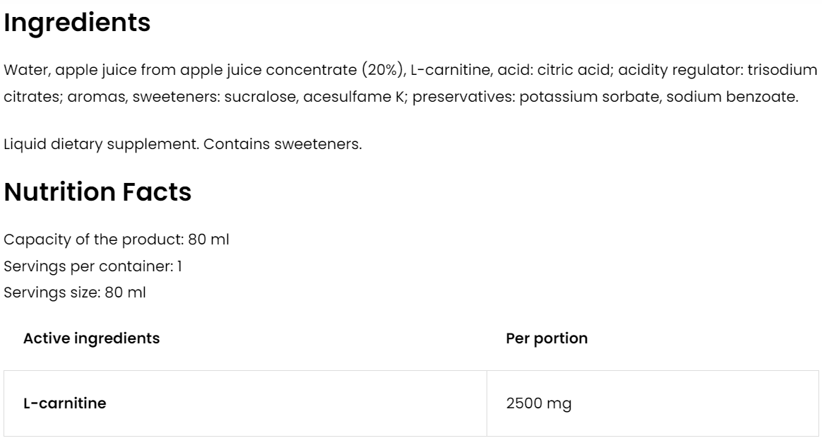 L‑Carnitine Shot 80 ml – 2500 mg, grapefruit‑citroen‑limoen | OstroVit