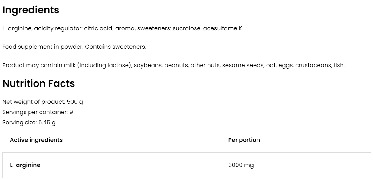 Arginine | 500 g | Multivitaminen Smaak | OstroVit