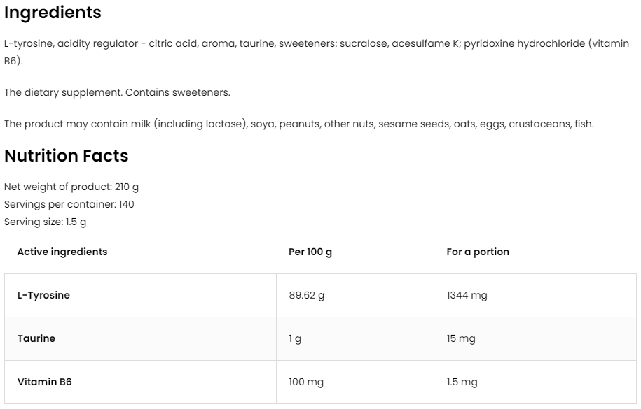 Tyrosine – 210 g, Sinaasappel, Met taurine & B6 | OstroVit