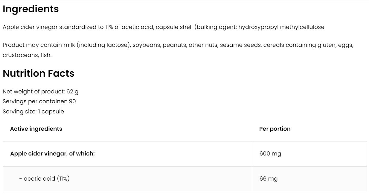 Apple Cider Vinegar VEGE – 90 vegan capsules, 600 mg (11% azijnzuur) | OstroVit