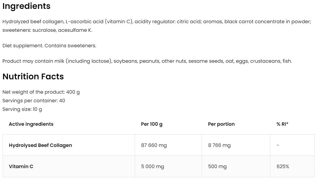 Collagen + Vitamin C – 400 g, Zwarte bes, 8 700 mg collageen | OstroVit