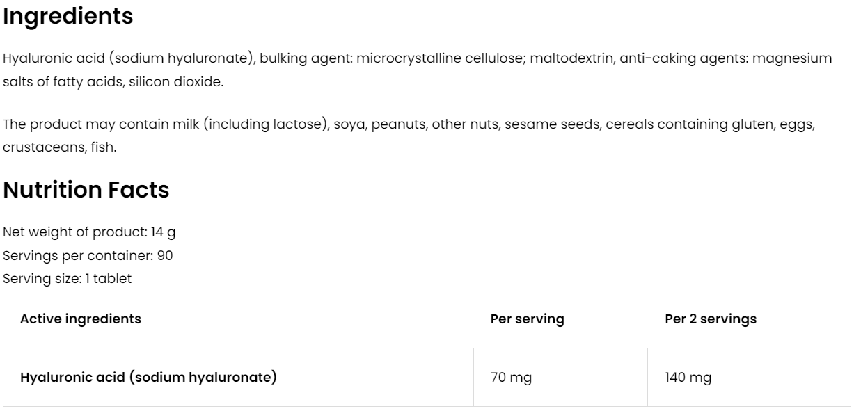 Hyaluronic Acid – 90 vegan tabletten, 70 mg hyaluronzuur | OstroVit