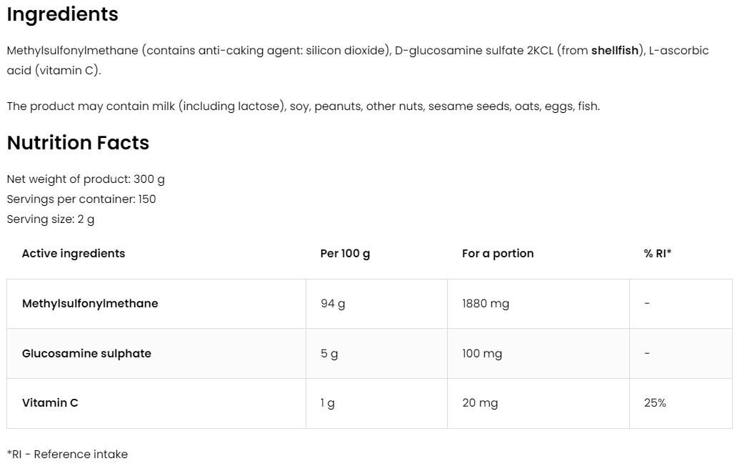 MSM poeder | Methylsulfonylmethaan | Glucosamine | Vitamine C | 150 Porties | Ostrovit