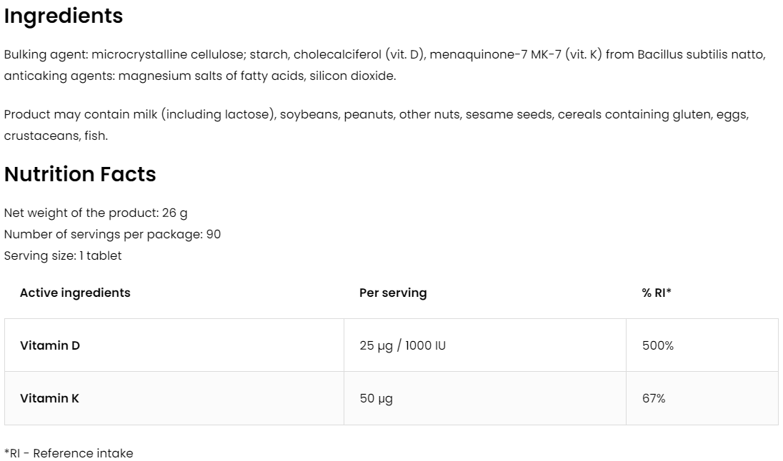 Vitamin D3 1000 IU + K2 (MK‑7) – 90 tabletten | OstroVit