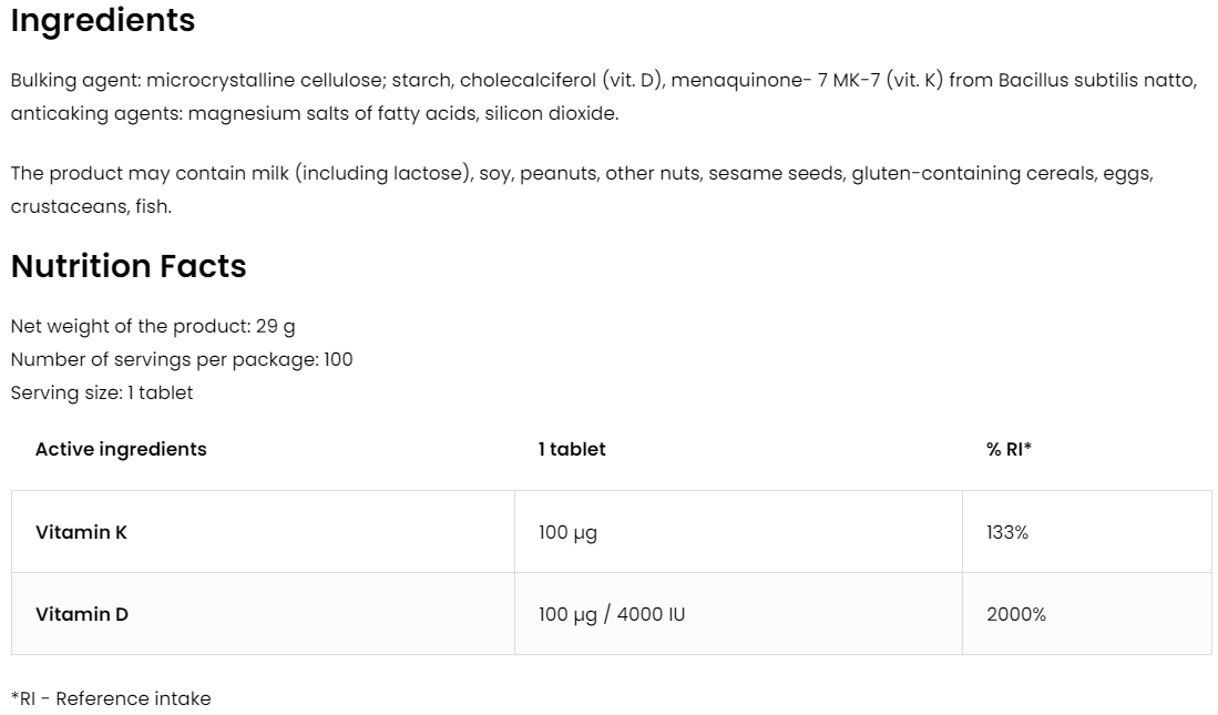 Vitamine D3 4000 IE + K2 (MK‑7) – 100 tabletten, vegetarisch | OstroVit