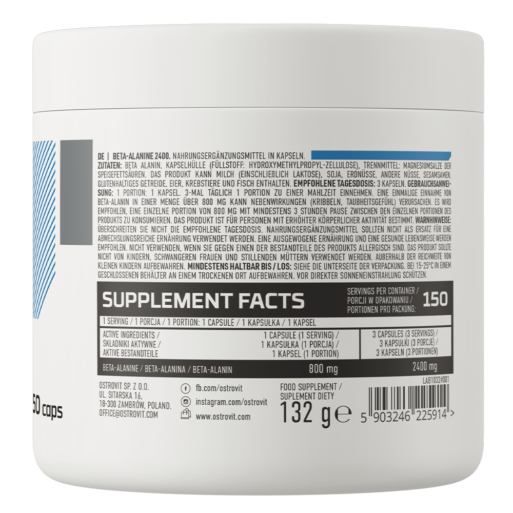 Beta‑Alanine 2400 mg – 150 vegan capsules, 800 mg per capsule | OstroVit