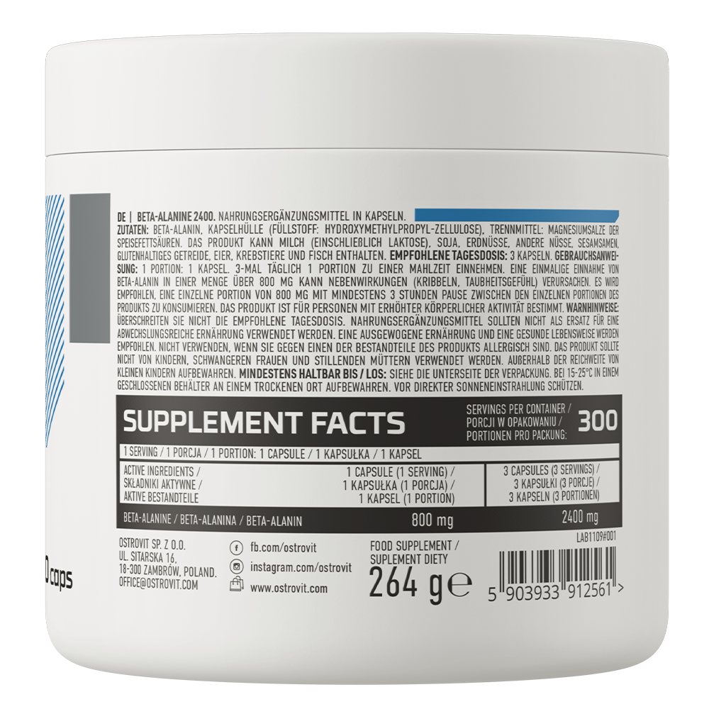 Beta‑Alanine 2400 mg – 300 vegan capsules, 800 mg per capsule | OstroVit
