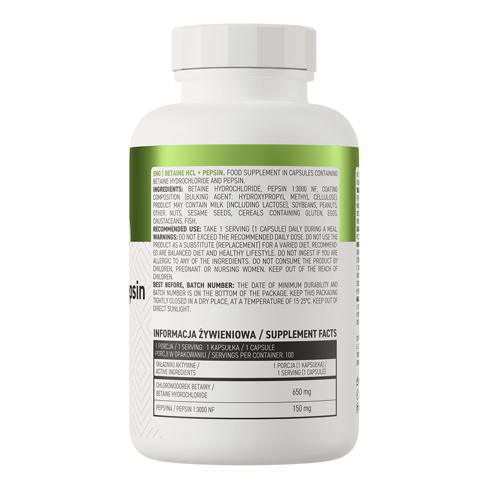 Betaine HCl + Pepsin – 100 capsules, 650 mg betaine HCl + 150 mg pepsine | OstroVit