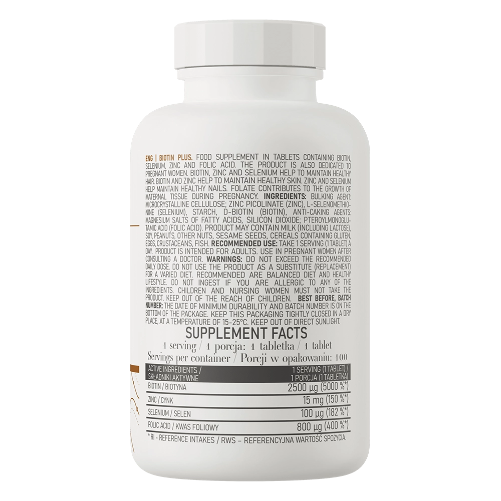 Biotin Plus – 100 tabletten, Biotine 2500 µg + Zink + Selenium + Foliumzuur | OstroVit