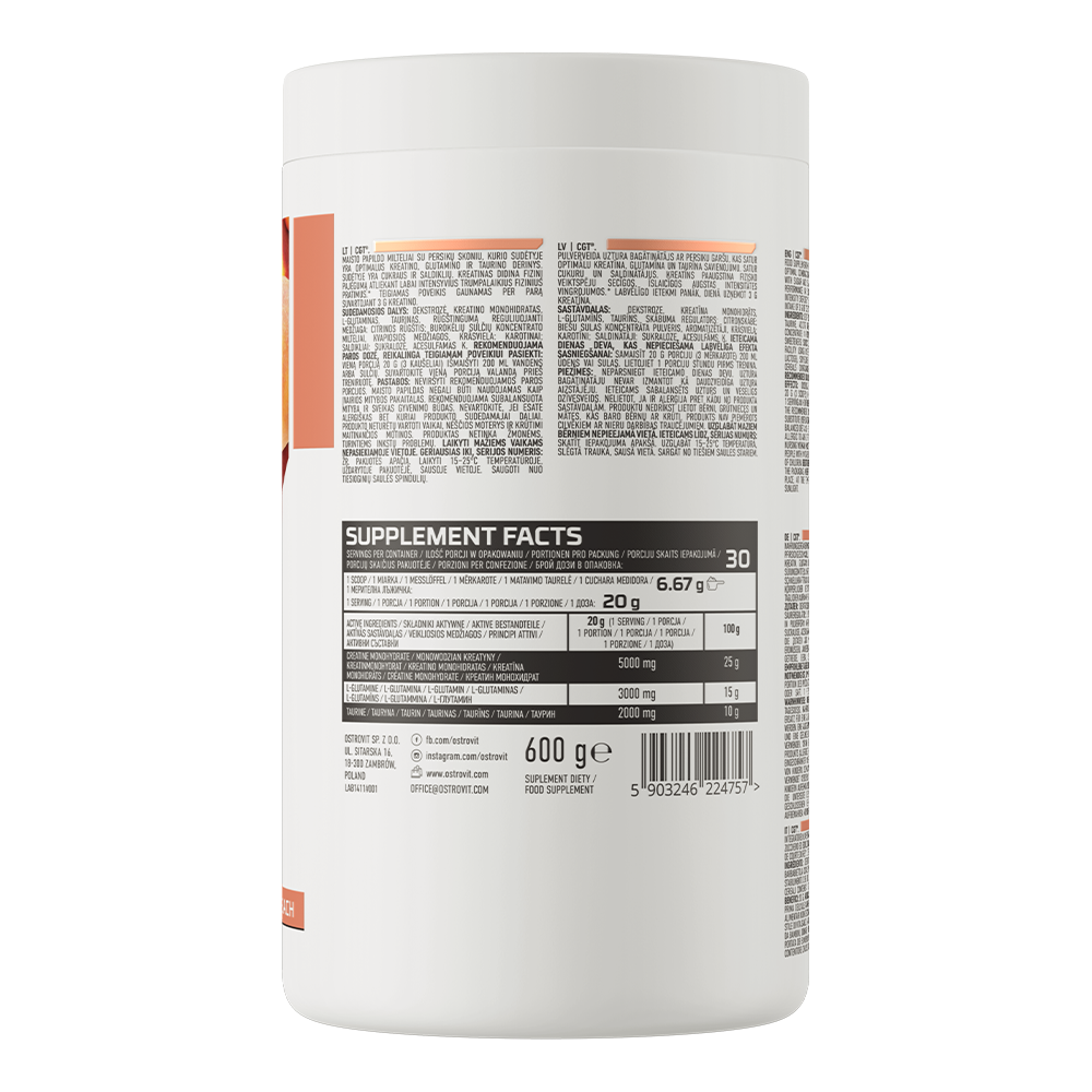CGT – 600 g poeder Perzik, 5 g creatine + 3 g glutamine + 2 g taurine | OstroVit