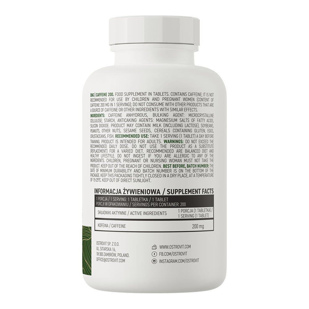 Caffeine VEGE – 200 mg per tablet, 200 tabletten | OstroVit