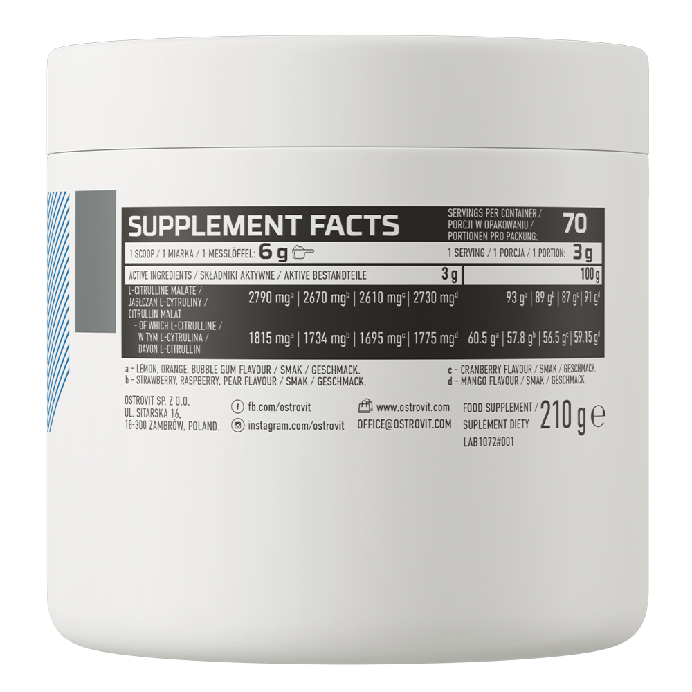 Citrulline 210 g Sinaasappel – 2790 mg Citrullinemaleaat per Portie, 70 Porties | OstroVit