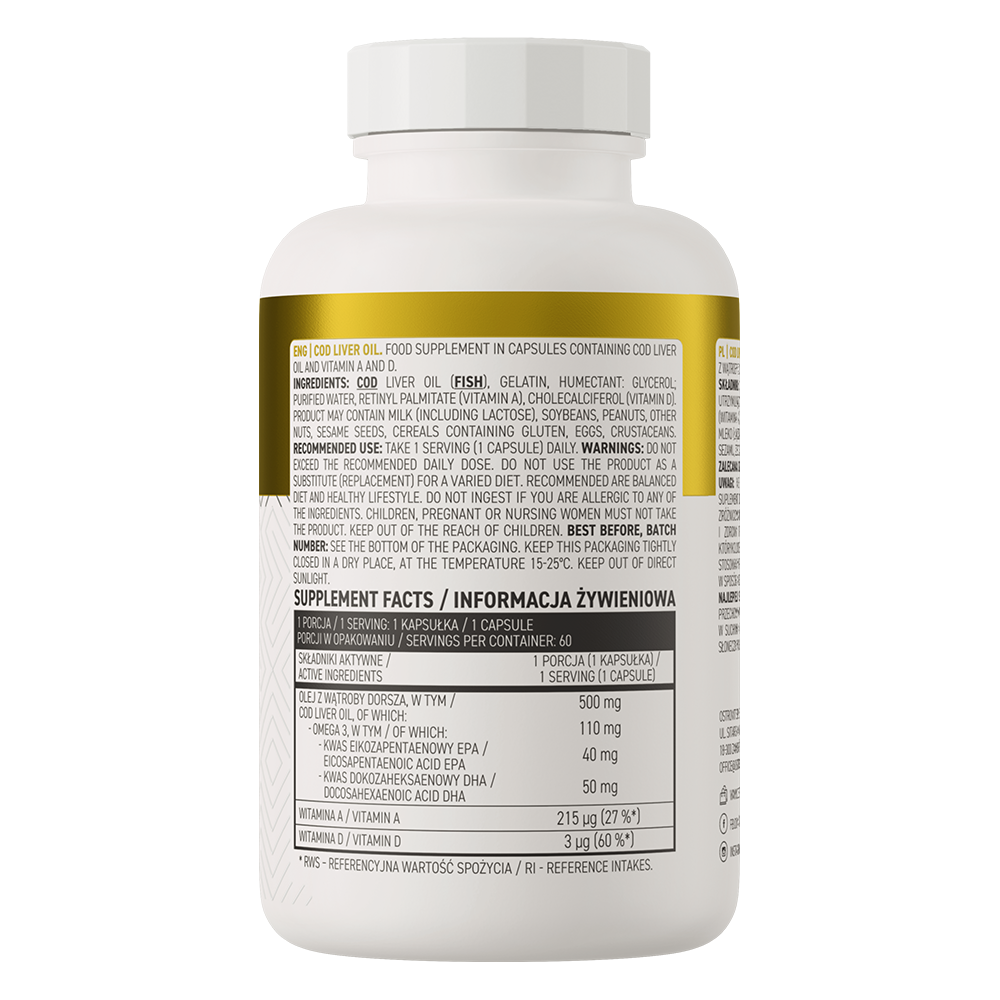 Cod Liver Oil – 60 softgels, 500 mg levertraan + vitamine A & D | OstroVit