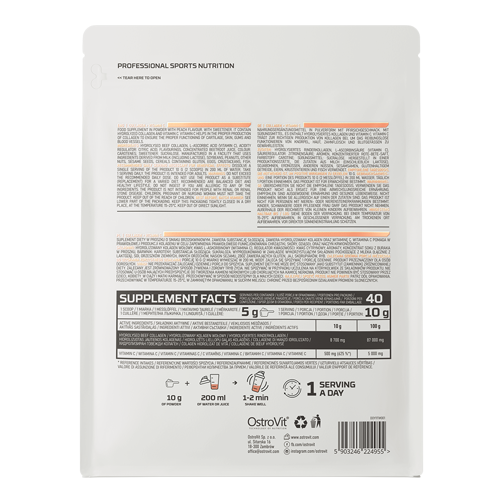 Collageen | Vitamine C | Poeder | 400 g | Perzik | OstroVit