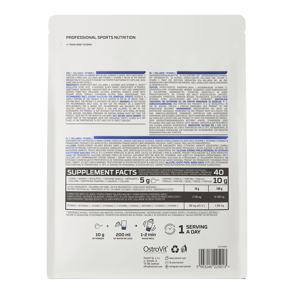 Collagen + Vitamin C – 400 g, Zwarte bes, 8 700 mg collageen | OstroVit