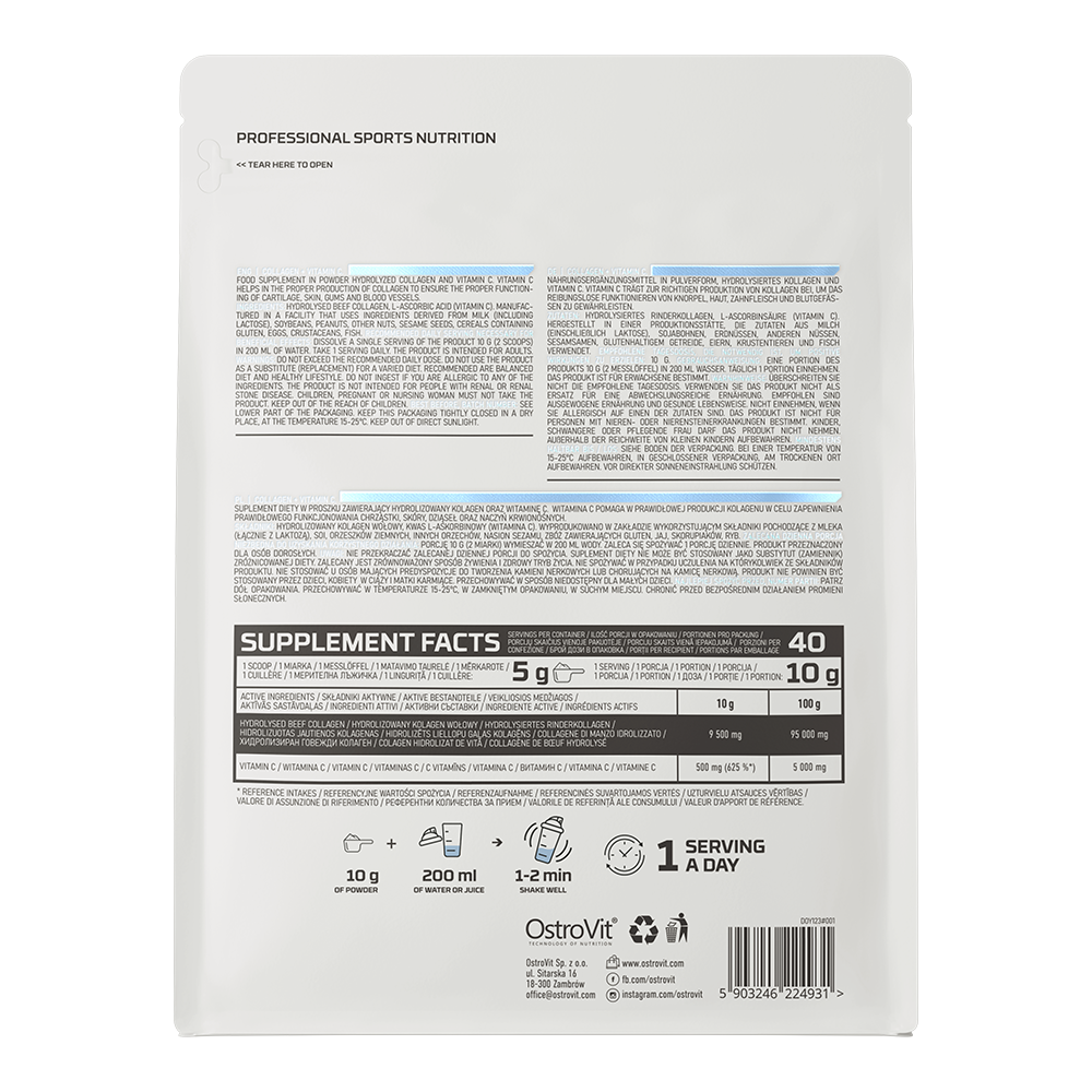Collagen + Vitamin C – 400 g, 9,5 g collageen + 500 mg Vitamine C per portie | OstroVit