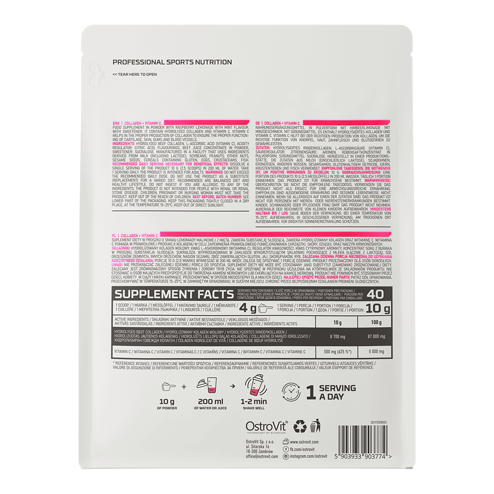 Collageen | Vitamine C | 400 g | 40 Servings | Frambozenlimonade & Munt | OstroVit