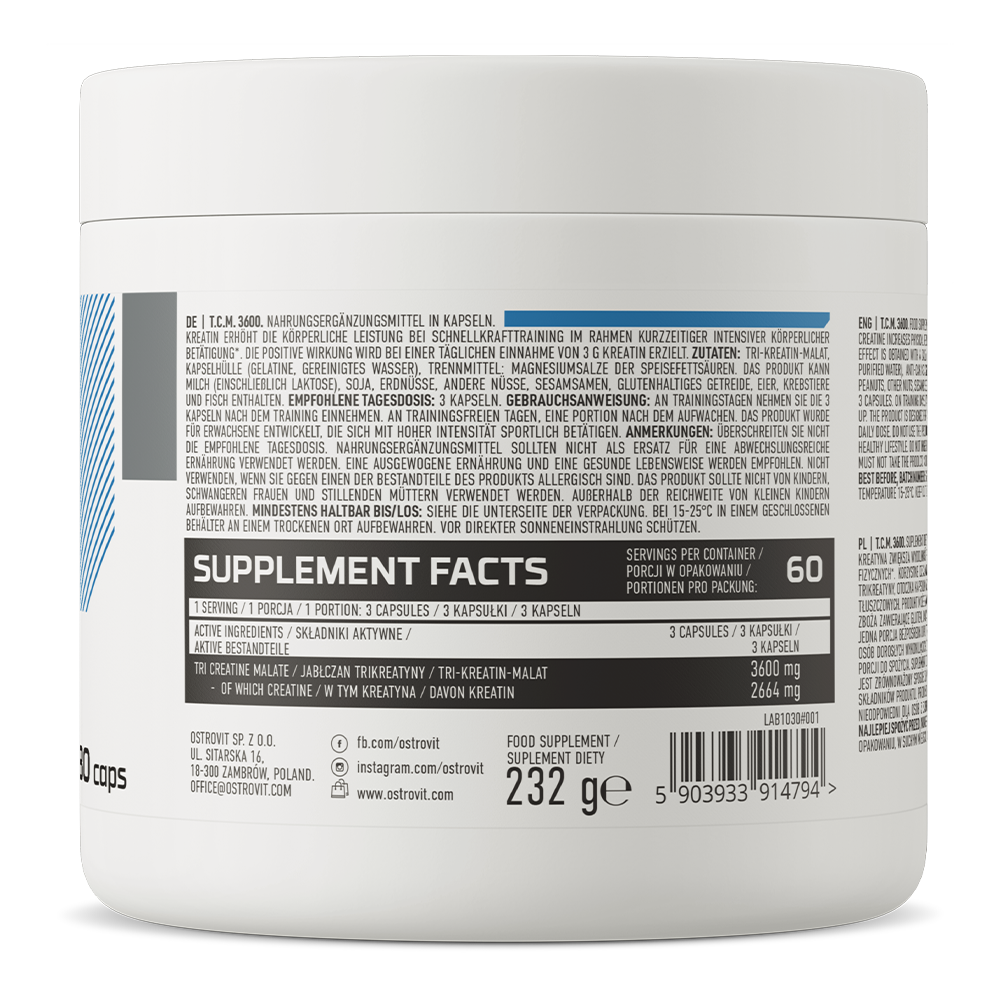 T.C.M. 3600 mg | 180 Capsules | Creatine Malaat | Ostrovit